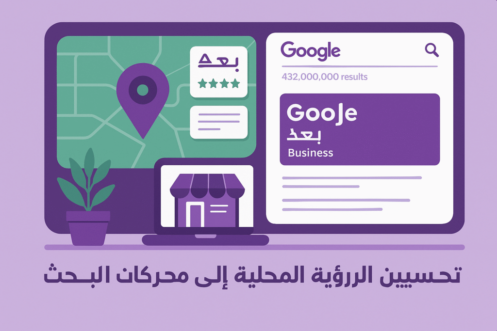 خريطة رقمية ومحرك بحث يظهر فيه نشاط تجاري محلي ضمن نتائج بحث Google، بألوان وهوية منصة بُعد.